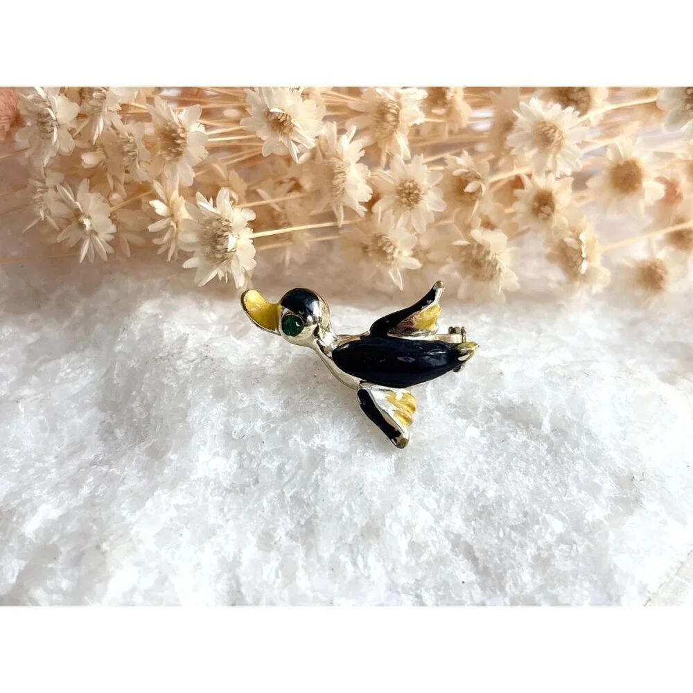 Duck in Flight Figural Enameled Gold Toned Vintage Costume Jewelry Brooch